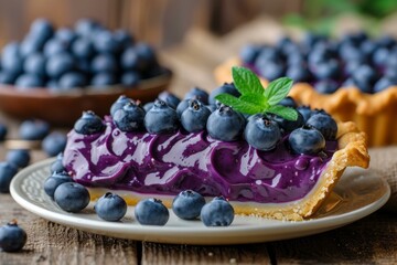 Poster - Delectable blueberry tart topped with fresh berries and mint, served on a rustic plate