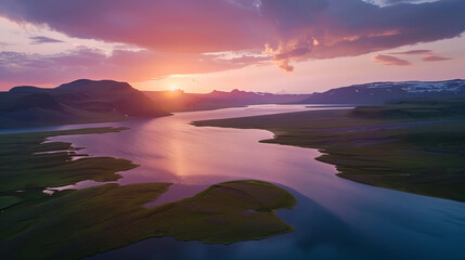 Wall Mural - Aerial view of Langisj?r lake at sunset with scenic landscape