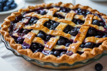 Sticker - Close-up view of a delicious blueberry pie with golden crust in a kitchen setting