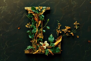 Wall Mural - A creative composition of leaves and flowers forming a stylized letter 'j'