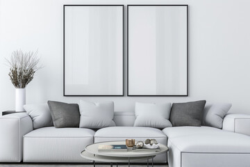 frame mockup with two vertical frames,A contemporary living room design featuring a frame mockup with two vertical frames on a white wall background