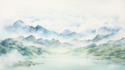 Wall Mural - A painting of a mountain range with a foggy sky and a lake in the foreground