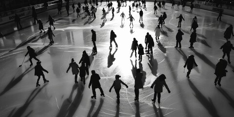 Wall Mural - Group of people enjoying winter activity on outdoor ice rink, great for seasonal or recreational themes