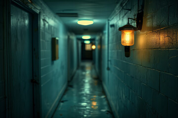 Aufkleber - A deserted hallway with a single light bulb flickering intermittently,