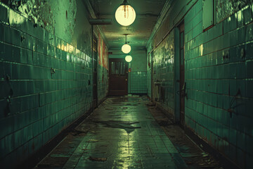 Aufkleber - A deserted hallway with a single light bulb flickering intermittently,