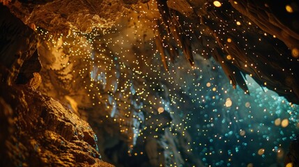 Wall Mural - A large chamber in the cave is filled with millions of glow worms their tiny dots of light creating a starry night sky.