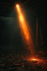 Poster - A single flashlight beam cutting through the darkness in an empty basement,