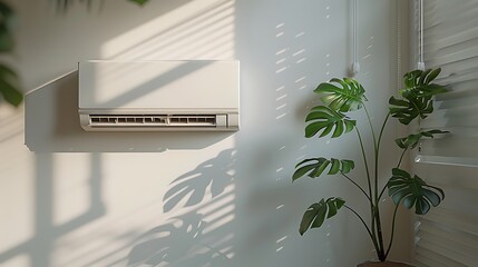 ac on white background with a  window and indoor plant