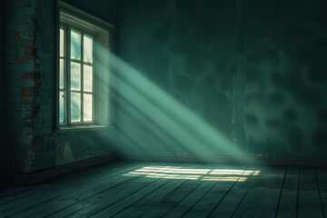 Aufkleber - A dark, empty room with a single beam of light shining through a small window,