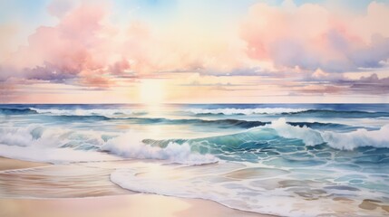 Wall Mural - A painting of a beach with a sunset in the background