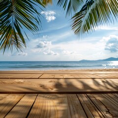 Wall Mural - empty wooden table on tropical beach