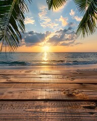 Wall Mural - empty wooden table on tropical beach at sunset