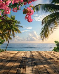 Wall Mural - empty wooden table on tropical beach at sunset