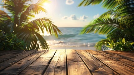 Wall Mural - empty wooden table on tropical beach at sunset