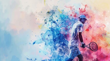Wall Mural - A person holding a tennis racquet standing on a tennis court, ready to play