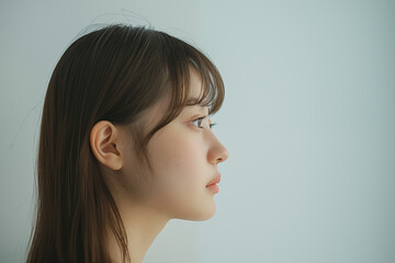 Side profile of young japanese woman with long hair in natural light