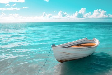 Poster - Tranquil blue ocean panorama with a single white boat floating calmly