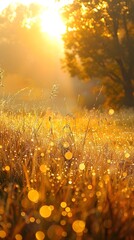 Poster - Enchanting Golden Sunrise Over Misty Autumn Landscape With Dew Covered Grass