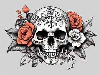 Hand drawn skull and flower isolated decoration