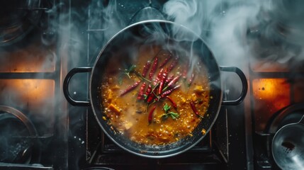 Wall Mural - A top-down view of a pot of tom yum soup bubbling over a stove, with tendrils of fragrant steam rising and chili peppers floating on the surface