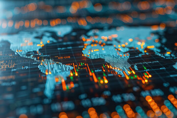 Fototapete - World map highlighting financial data with integrated trading chart visualizations,