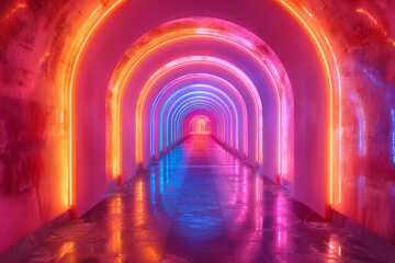 Digital art of an abstract corridor filled with glowing neon lights,