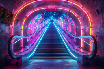 Poster - Abstract digital corridor filled with neon lights and vibrant, glowing designs,