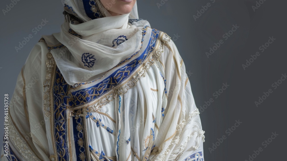 Israeli Bath Robe Israeli woman wears a flowing, white robe adorned with intricate blue ...