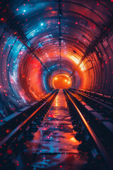 Poster - Neon corridor with abstract digital designs and dynamic, glowing shapes,