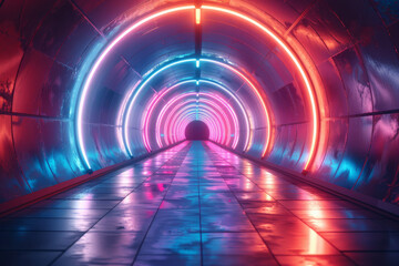 Wall Mural - Abstract digital art of a neon-lit futuristic tunnel with dynamic patterns,