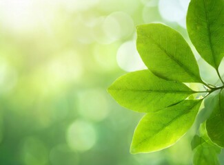 Wall Mural - Close up of nature view green leaf aligned to the left, copy space on the right, on blurred background