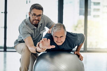 Poster - Healthcare, physiotherapist and old man with gym ball, stretching or medical care in senior rehabilitation. Physio, caregiver and elderly patient for mobility training, exercise or help in retirement