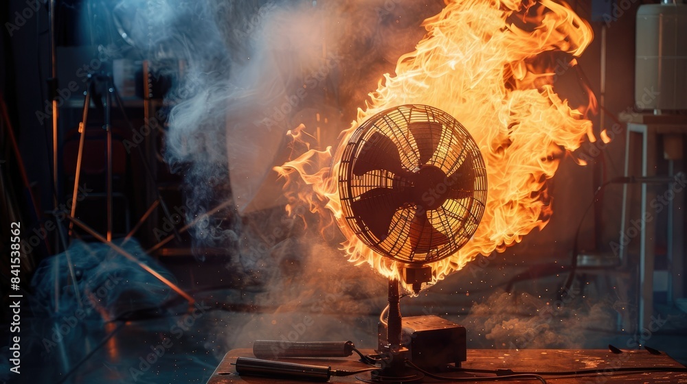 Dramatic table fan with flames, cinematic product photography, studio ...