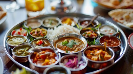 Wall Mural - A vibrant thali platter filled with fragrant Indian curries, chutneys, rice, and bread, showcasing the diverse and flavorful cuisine of India