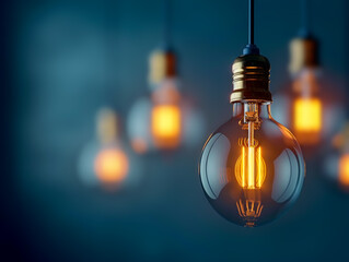 Poster - Illuminated vintage-style filament light bulbs against a blue background, concept of ideas and innovation. Generative AI