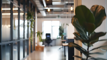 Wall Mural - Close up view of modern office desk with laptop, mug, tree pot, and office supplies in glass partition office, office, desk, laptop, mug, tree pot, office supplies, workspace, modern