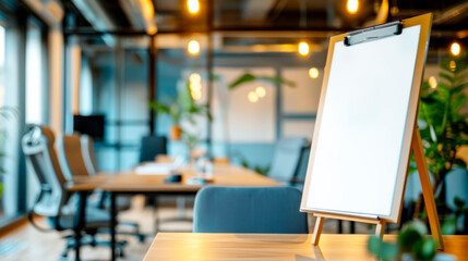 Poster - A modern office space with a blank clipboard in the foreground, warm lights, and a comfortable setting, embodying a concept of professionalism. Generative AI