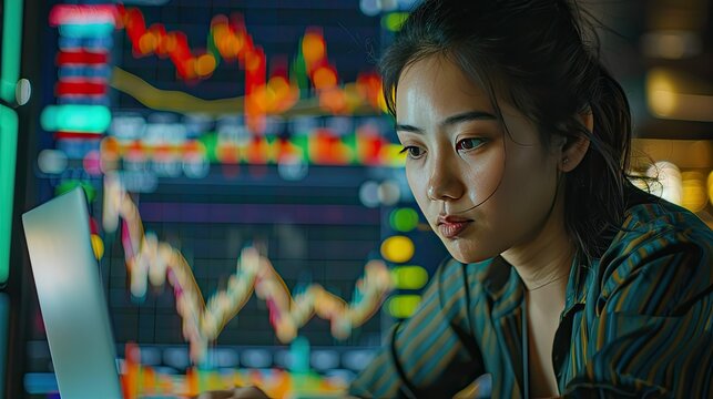 Focused female stock trader analyzing market data on her laptop, with a graph overlay in the background