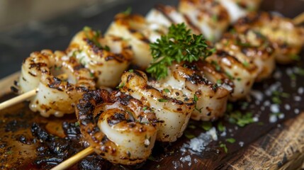 Poster - A wooden skewer threaded with succulent grilled squid rings, fresh off the barbecue and ready to be enjoyed with a sprinkle of sea salt
