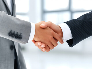 Poster - Close-up of a handshake in professional attire against a blurred office background, symbolizing partnership. Generative AI