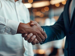 Aufkleber - Two individuals in professional attire engaging in a handshake, with a blurred bokeh background, illustrating the concept of partnership. Generative AI