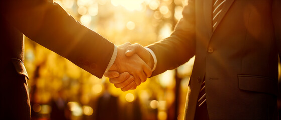 Aufkleber - Two people shaking hands, focus on hand grip, with a warm, sunlit background, concept of agreement or partnership. Generative AI