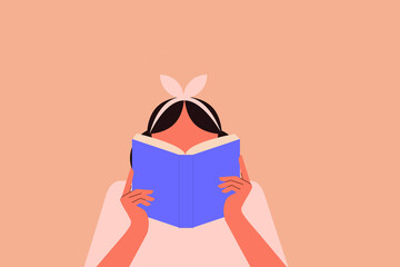 Wall Mural - White woman reading a book. Learning, gaining knowledge, progressing and expanding horizons. Avid reader, hobbyist. Vector illustration, pink background, horizontal layout