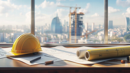 Poster - Safety helmet on architect plans with cityscape in background, concept of construction planning. Generative AI