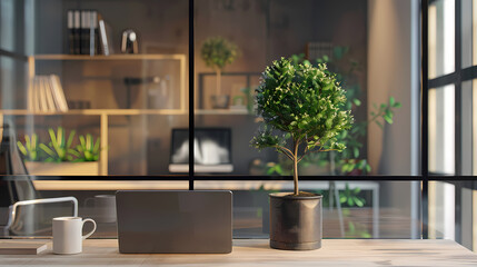 Wall Mural - Close up view of modern office desk with laptop, mug, tree pot, and office supplies in glass partition office, office, desk, laptop, mug, tree pot, office supplies, workspace, modern