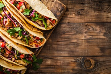 Freshly Made Chicken Tacos With Colorful Vegetables on a Wooden Table During Daytime