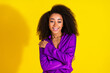 © deagreez - Photo portrait of attractive young woman cuddle self dressed stylish violet clothes isolated on yellow color background