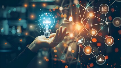 Wall Mural - A hand holds a light bulb with digital icons representing a smart home, business network, and innovation technology concept on a blurred background