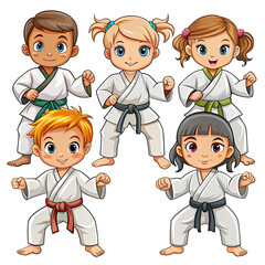 A set of five cute cartoon kids practicing karate, isolated on a white background. Generative AI