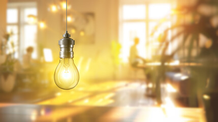 Poster - A bright lightbulb suspended in an interior with plants and sunlight, on a blurred, warm background, depicting a concept of ideas. Generative AI